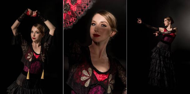 koláž hezké flamencové tanečnice držící kastaněty a vějíř při tanci izolované na černém  - Fotografie, Obrázek