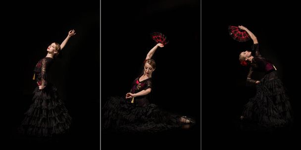 collage van elegante danser met de hand op hip dansen flamenco en het houden van fans geïsoleerd op zwart  - Foto, afbeelding