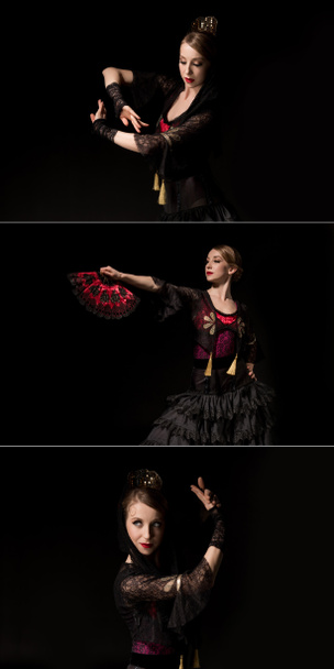kolaż eleganckiej kobiety trzymającej wentylator i gestykulując podczas tańca flamenco odizolowany na czarno  - Zdjęcie, obraz