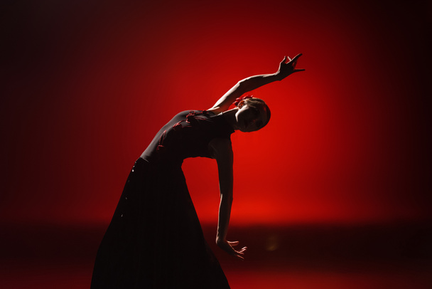 silueta mladé a atraktivní ženy tančící flamenco na červené - Fotografie, Obrázek