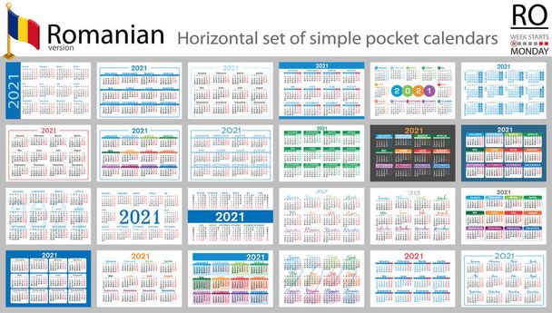 Conjunto horizontal rumano de calendarios de bolsillo para 2021 (dos mil veintiuno). La semana comienza el lunes. Año nuevo. Color diseño simple. Vector
 - Vector, Imagen