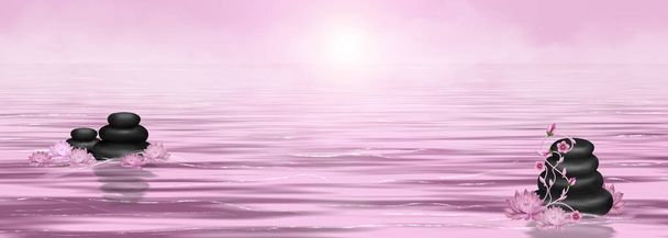 Wasser, Horizont, Steine und Lilien in rosa Illustrationspanorama der Entspannung und Ruhe. - Foto, Bild