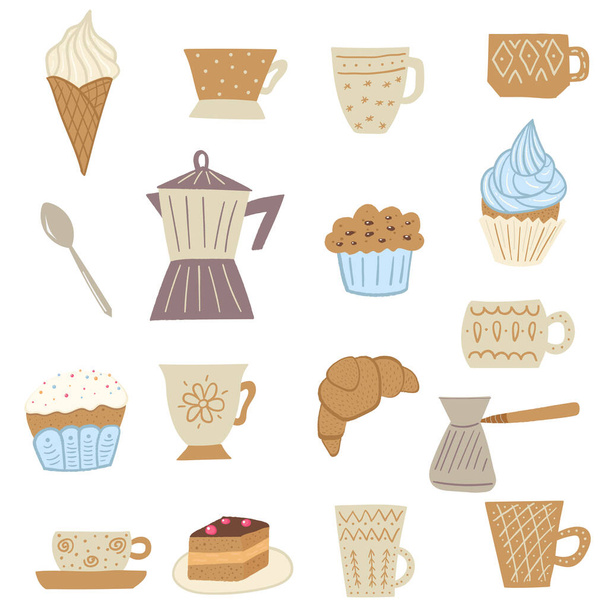 Colorful hand drawn vector set for kitchen and cafe design. Hand drawn colorful cups and pastry can be used for menu, ads, posters, stickers, prints - Vetor, Imagem