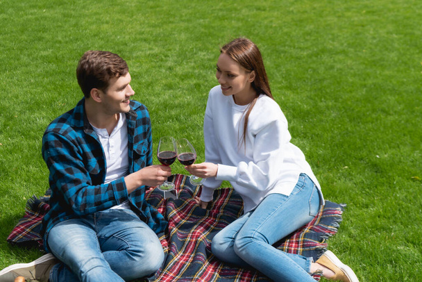 cheerful couple clinking glasses with red wine while sitting on plaid blanket  - Φωτογραφία, εικόνα