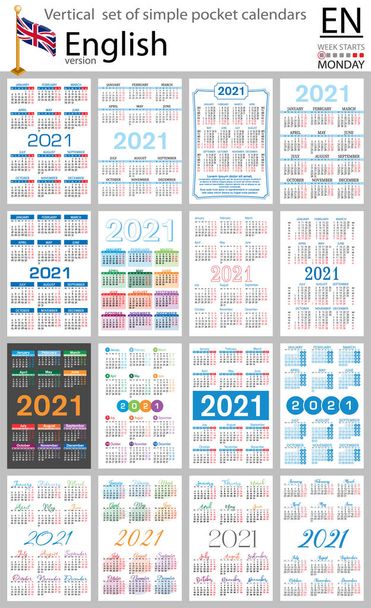 Conjunto vertical inglés de calendarios de bolsillo para 2021 (dos mil veintiuno). La semana comienza el lunes. Año nuevo. Color diseño simple. Vector
 - Vector, Imagen