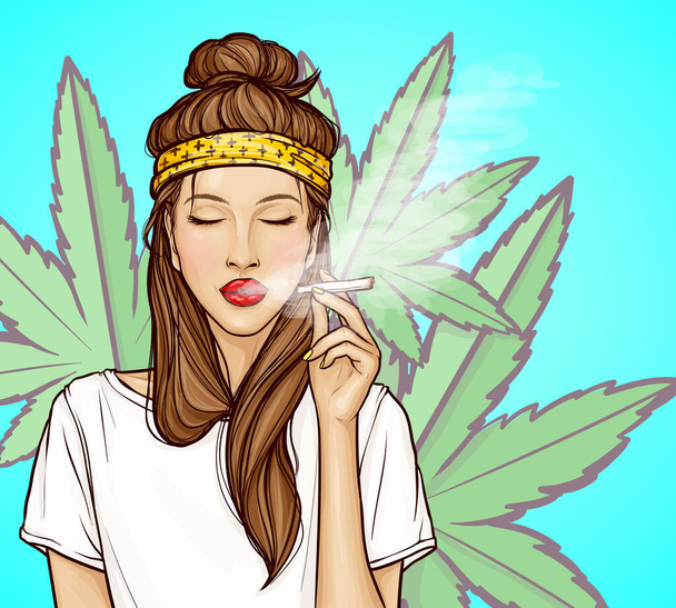 Pop art hipster girl smoking cigarette with marijuana - Vector, Image