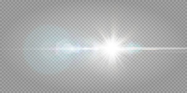 Efecto de luz de destello de lente especial de luz solar transparente abstracta.Desenfoque vectorial en el resplandor del movimiento. Fondo transparente aislado. Elemento decorativo. Rayos de explosión de estrellas horizontales y proyector. - Vector, Imagen