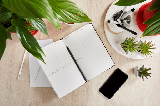 vista superior de plantas verdes, cuaderno en blanco con lápices y bolígrafos cerca de teléfono inteligente en la superficie de madera
 - Foto, Imagen