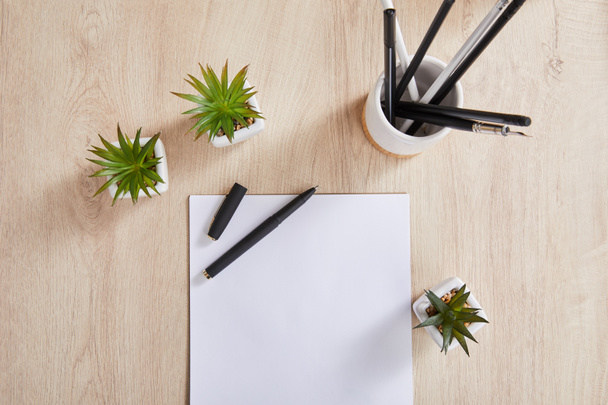 top view of green plants, pencils in holder and white paper with pen on wooden surface - Fotoğraf, Görsel