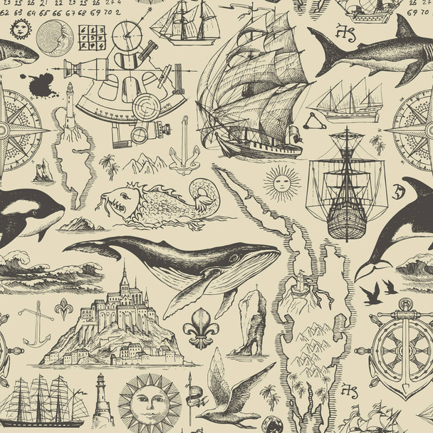 Vector abstract seamless pattern on the theme of travel, adventure and discovery. Vintage illustration with hand-drawn sketches of sailboats, islands, old maps, fishes on the old paper background - ベクター画像