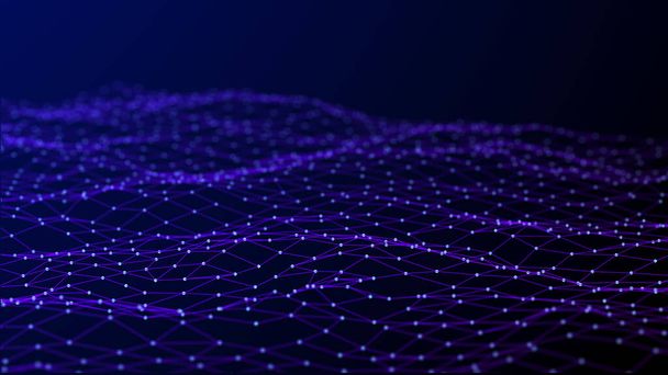 Цифровой фон Абстрактная волна с соединенными точками и линиями на темном фоне. Структура сетевого соединения. 3D рендеринг
 - Фото, изображение