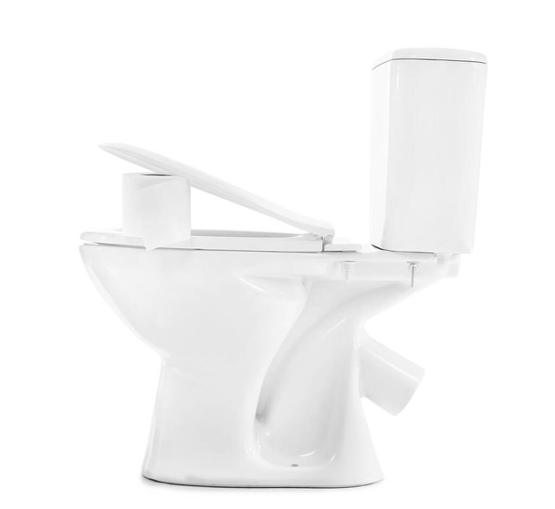Туалетная чаша и рулон бумаги на белом фоне
 - Фото, изображение