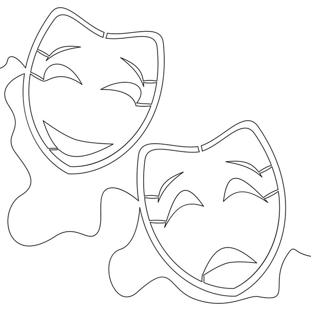 Jatkuva yhden linjan piirustus Komedia ja tragedia linja teatteri naamiot tunteita kuvake vektori kuva käsite - Vektori, kuva