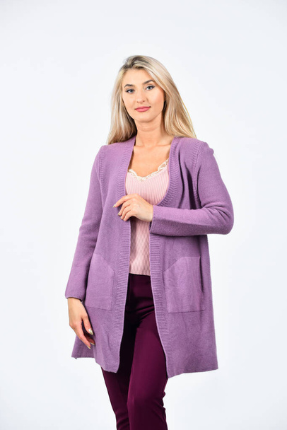 cozy casual style. female fashion style. pretty woman with long blonde hair. sexy girl wear purple cardigan. beauty and fashion concept. beauty of woman isolated on white - Foto, afbeelding
