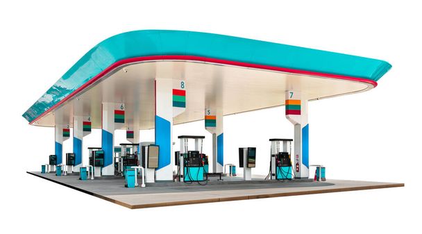 Estación dispensadora de gasolina de aceite aislada sobre fondo blanco con recorrido de recorte
 - Foto, imagen