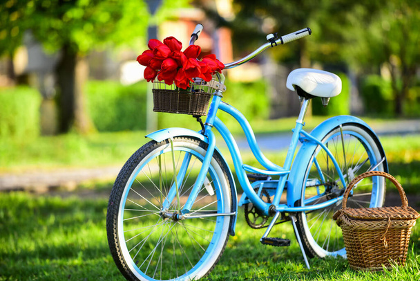 Vintage fancy bike blooming garden background. Rent bike to explore city. Nature cycling tour. Retro bicycle with picnic basket. Bike rental shops primarily serve typically travellers and tourists - Фото, изображение