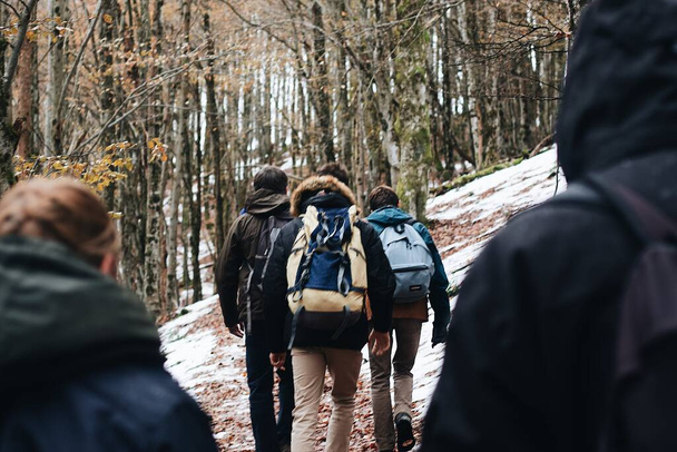 The people with backpacks in the forest during daytime - Photo, Image