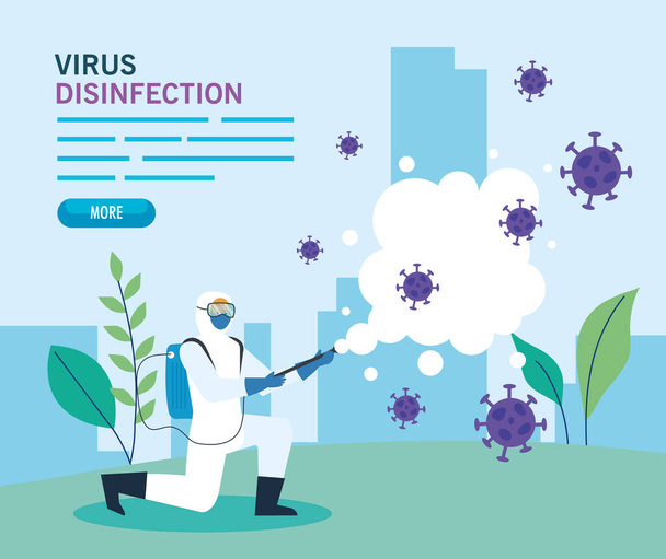 person with protective suit for spraying the covid 19 in landscape, disinfection virus concept - Vector, Image