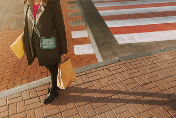 Cropped photo of lady in coat standing on sidewalk while holding shopping bag - Photo, Image