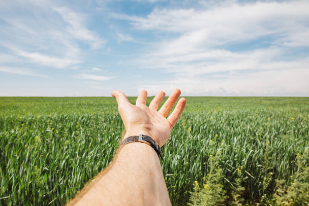 uomo bianco punta la mano verso un campo verde e un cielo blu con le nuvole
 - Foto, immagini