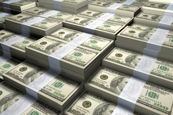 Representación en 3D de una gran pila de billetes de cien dólares estadounidenses
. - Foto, Imagen