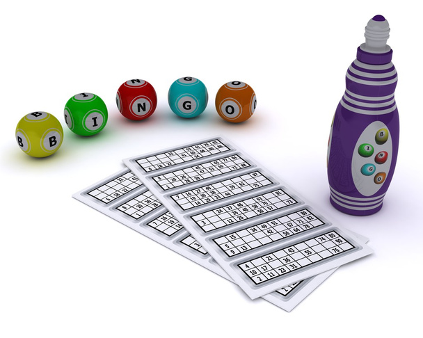 Bingo balls and card with dabber pen - Φωτογραφία, εικόνα