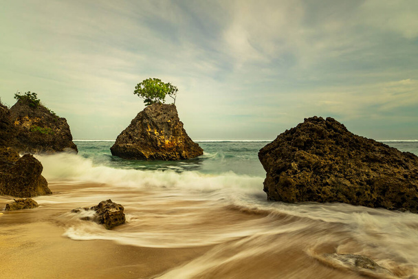 Όμορφη θαλασσογραφία. Παραλία στο φως της ημέρας. Αμμώδης παραλία με βράχια. Τα κύματα πιάστηκαν με αργή ταχύτητα κλείστρου. Σύννεφο καιρό. Φόντο φύσης. Δέντρο στο βράχο. Απαλή εστίαση. Bingin, Μπαλί, Ινδονησία - Φωτογραφία, εικόνα