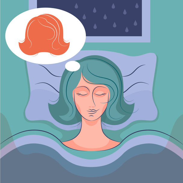 Vrouw of transgender slapen op een bed in de slaapkamer en dromen. Vector Illustratie, poster, banner voor psychologisch artikel over dromen van rood haar - Vector, afbeelding