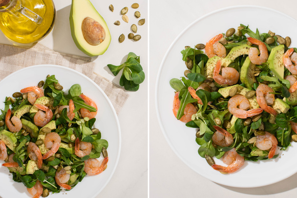 коллаж из свежего зеленого салата с тыквенными семечками, креветками и авокадо на тарелке на салфетке рядом с ингредиентами на белом фоне
 - Фото, изображение