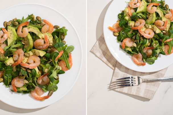 collage of fresh green salad with pumpkin seeds, shrimps and avocado on plate on napkin near fork on white background - Photo, Image