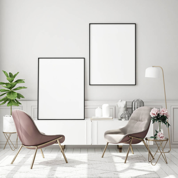 mock up poster frame in modern interior background, living room, Scandinavian style, 3D render, 3D illustration - 写真・画像
