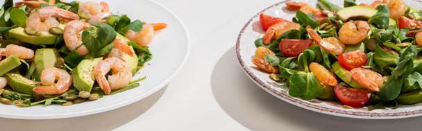verse groene salade met garnalen en avocado op borden op witte achtergrond, horizontaal beeld - Foto, afbeelding