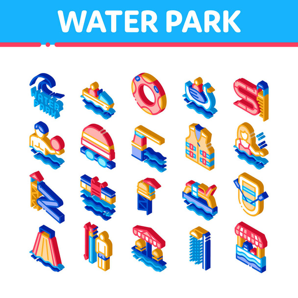 Waterpark attractie Pictogrammen Vector ingesteld. Isometrische zwemkleding en uitrusting, reddingsvest en reddingsboei, boot en waterpark zwembadillustraties - Vector, afbeelding