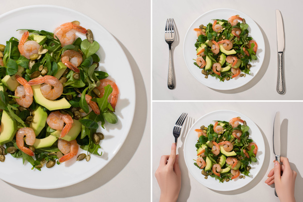 top view of woman eating fresh green salad with pumpkin seeds, shrimps and avocado on white background, collage - Photo, Image