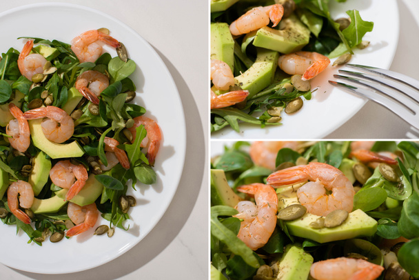 collage of fresh green salad with pumpkin seeds, shrimps and avocado on plate and fork on white background - Фото, изображение
