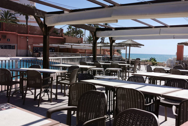1th june, Torrevieja, Spain. Top cafes outdoors in a hotel in Spain. Recreation area for tourists - Foto, imagen