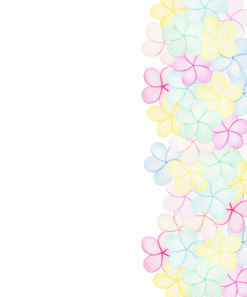 abstraktní barevný rám s pastelově zbarvenými květy, jednoduchý akvarel ilustrace pro karty nebo pozvánky, šťastný květinový design - Fotografie, Obrázek