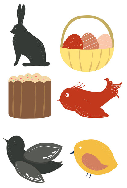 Set of Easter related images: birds, rabbit, easter bread and a basket full of eggs - Vector, Imagen