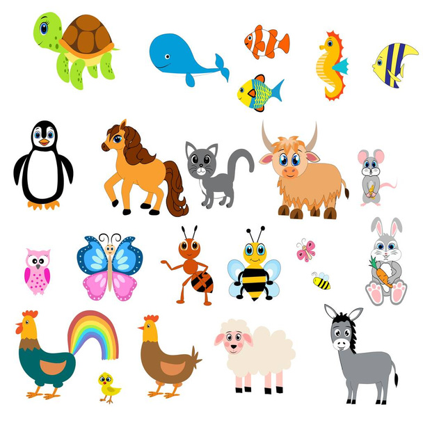 Милые животные набор иллюстраций, коллекция: сельскохозяйственные животные, морские животные дикие животные
,  - Фото, изображение