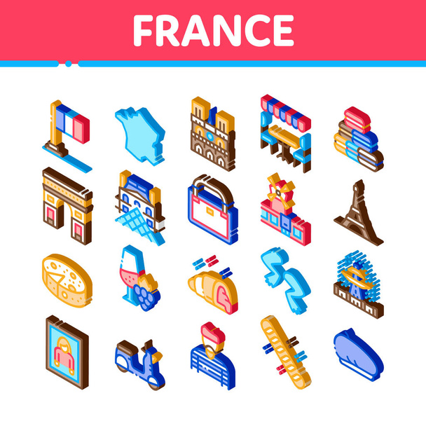 France Country Travel Icons Set Vector. Isometric France Flag And Triumphal Arch, Eiffel Tower And Moulin Rouge, Cheese And Croissant Illustrations - Vector, Image