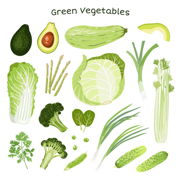 Set of green vegetables isolated on white background. - Вектор,изображение