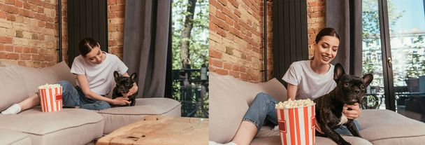 колаж привабливої дівчини, що сидить на дивані біля попкорнних відра і милий французький бульдог
  - Фото, зображення