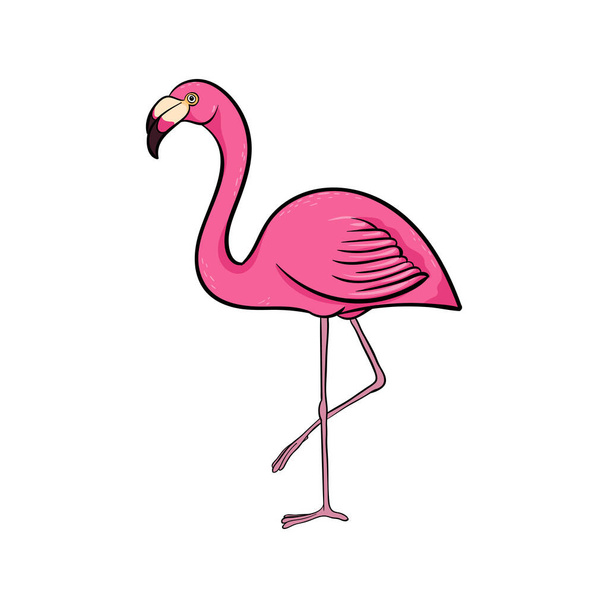 Hand drawn cute cartoon pink flamingo stay on one leg, colorful sketch style vector illustration isolated on white background. Hand drawing flamingo cute summer symbol. - Vector, Image