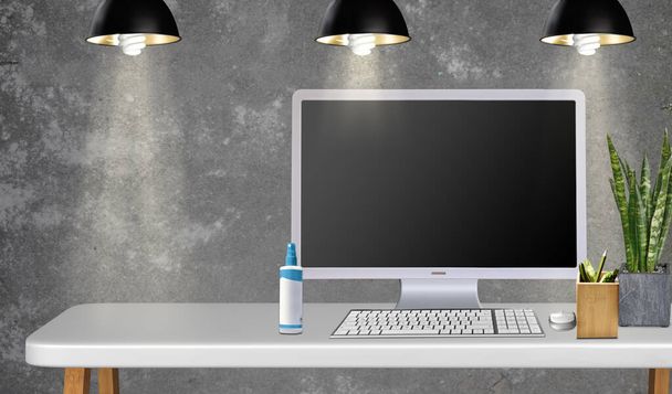 modern desk with monitor keyboard pens and plant - Φωτογραφία, εικόνα