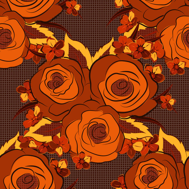 Vector open flowers and buds seamless pattern in orange, yellow and brown colors. A vintage style watercolor drawing of a branch of orange, yellow and brown roses. - Vector, Image