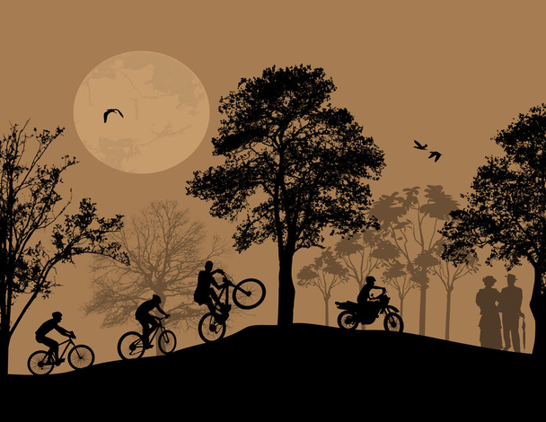 Silhouettes cyclistes sur un beau paysage
 - Vecteur, image