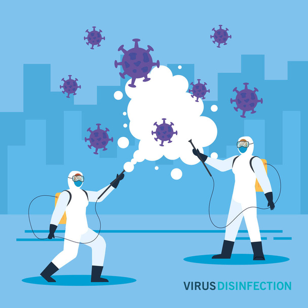 personnes avec une combinaison de protection pour pulvériser le covide 19, concept de virus de désinfection
 - Vecteur, image