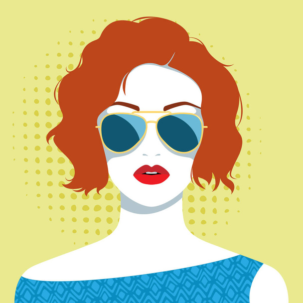 Simple vector portrait of beautiful redhead sexy woman with red lips wearing golden pilot sunglasses and blue dress with abstract pattern - Vektor, Bild