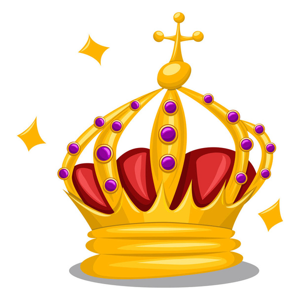 Traditional gold queen crown with purple jewelry gemstones and a cross on top. Cartoon vector icon of royal attribute isolated on white background. - Vector, Image