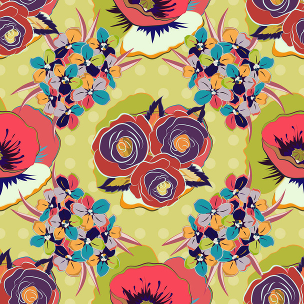 Vintage-Muster mit Mohnblumen im indischen Batikstil. Bunt blumige Vektor Hintergrund. Nahtloses Muster mit orangefarbenen und rosa Mohnblumen. - Vektor, Bild